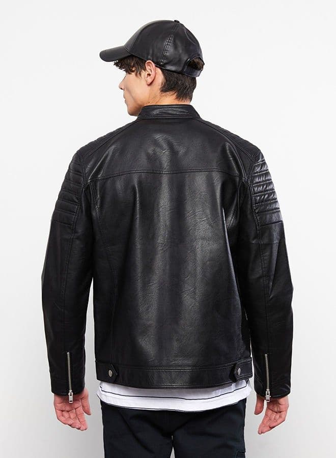 Slim Fit Stand Collar Men's Leather Look Coat - 2