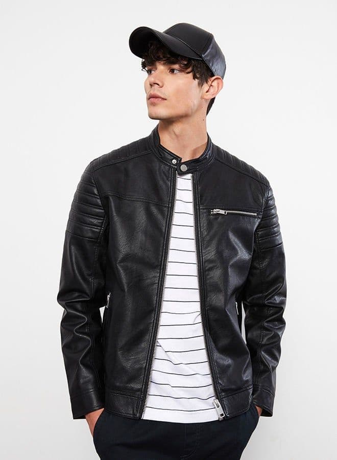 Slim Fit Stand Collar Men's Leather Look Coat - 3