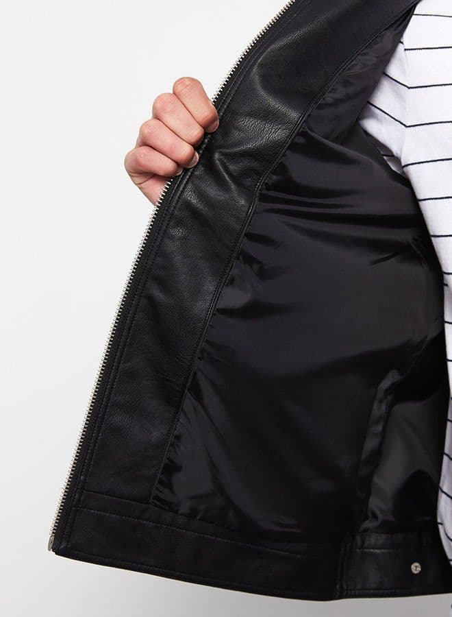 Slim Fit Stand Collar Men's Leather Look Coat - 4