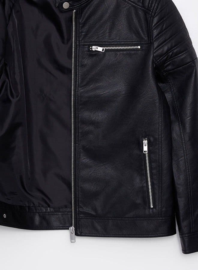 Slim Fit Stand Collar Men's Leather Look Coat - 5