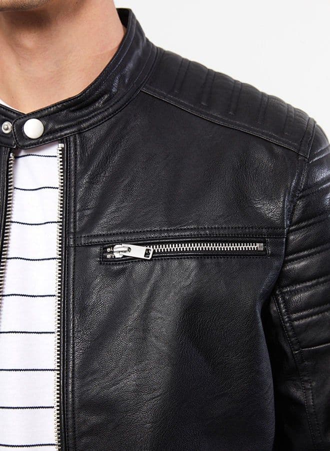 Slim Fit Stand Collar Men's Leather Look Coat - 6