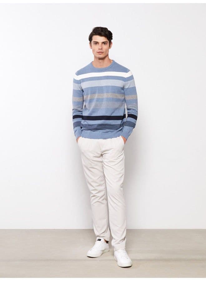 Crew Neck Long Sleeve Striped Men's Knitwear Sweater - 6