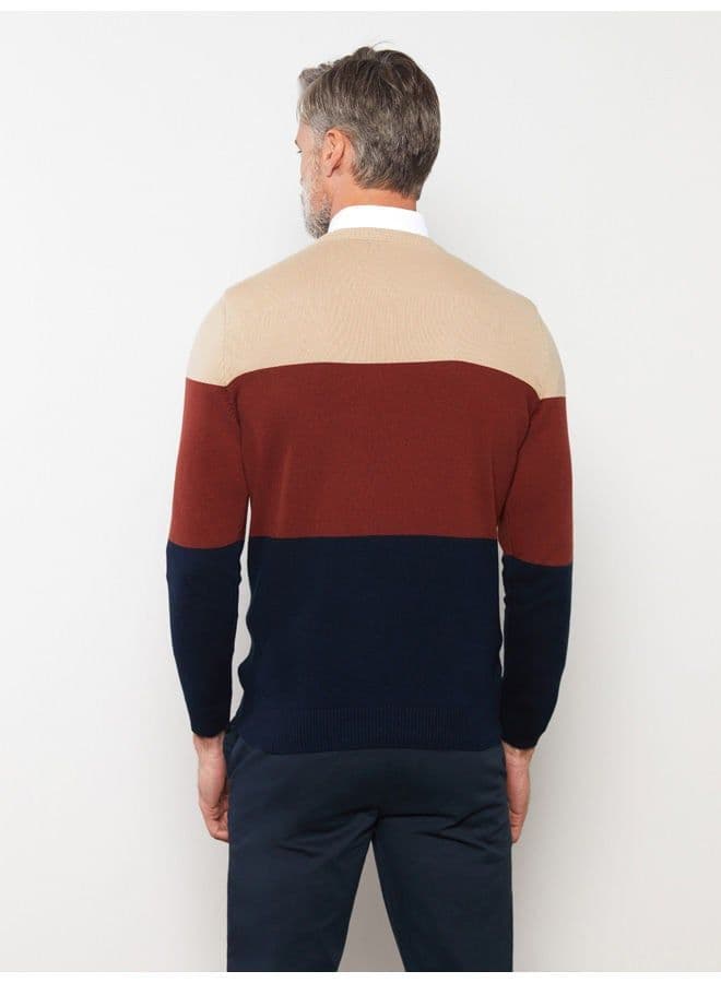 Crew Neck Long Sleeve Men's Tricot Sweater with Color Block - 2