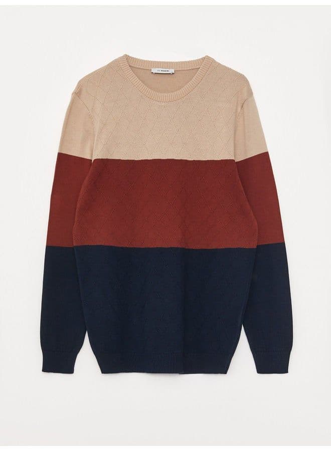 Crew Neck Long Sleeve Men's Tricot Sweater with Color Block - 4
