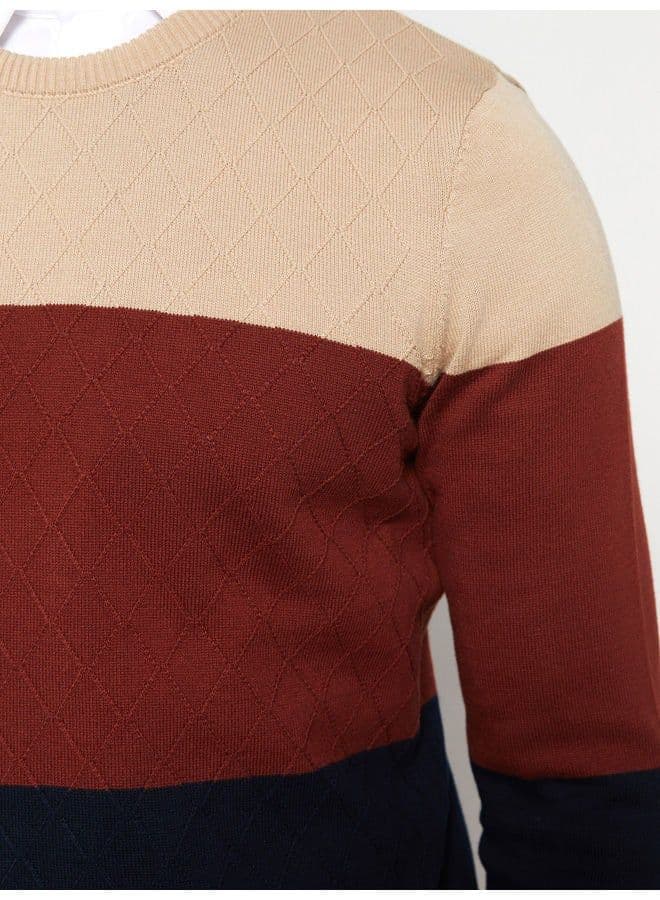 Crew Neck Long Sleeve Men's Tricot Sweater with Color Block - 6