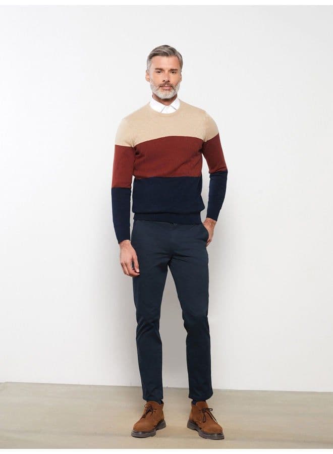 Crew Neck Long Sleeve Men's Tricot Sweater with Color Block - 5