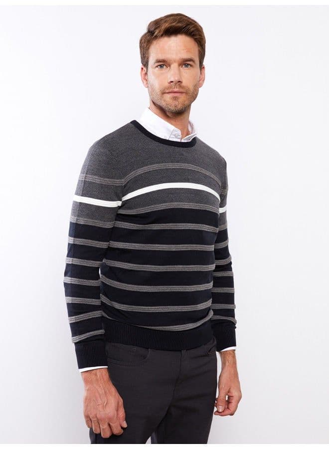 Crew Neck Long Sleeve Striped Men's Tricot Sweater - 3
