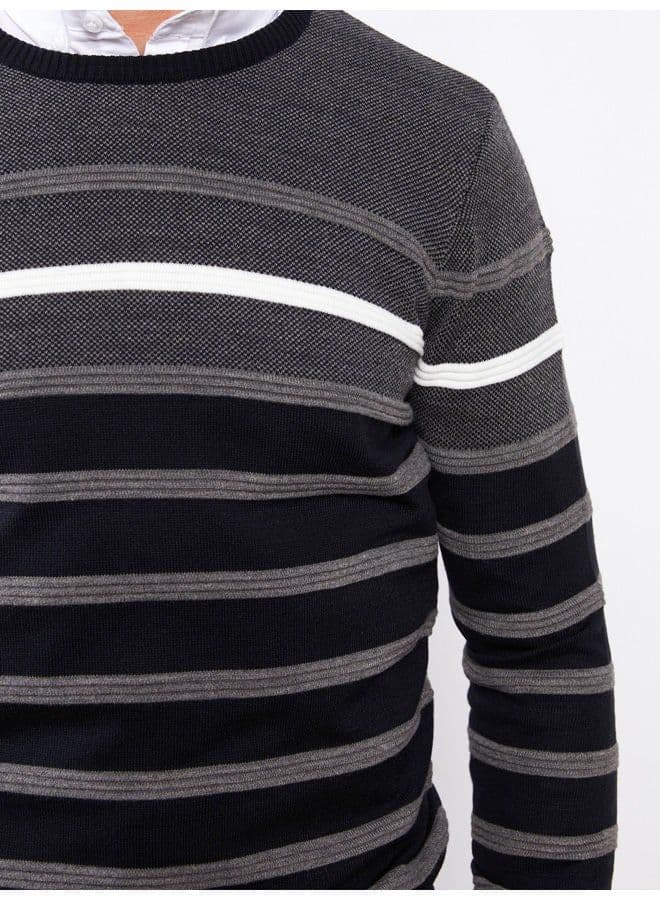 Crew Neck Long Sleeve Striped Men's Tricot Sweater - 2