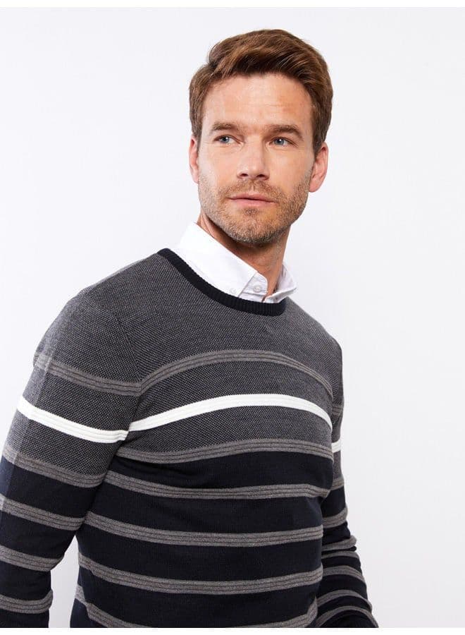 Crew Neck Long Sleeve Striped Men's Tricot Sweater - 4